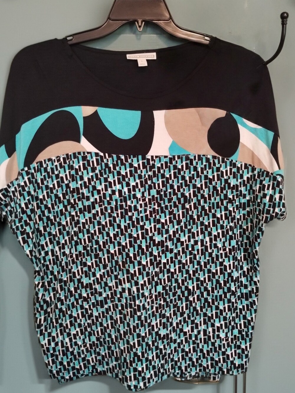 Dana Buchman Black, Teal & Cream Mixed Print Short Sleeve Top